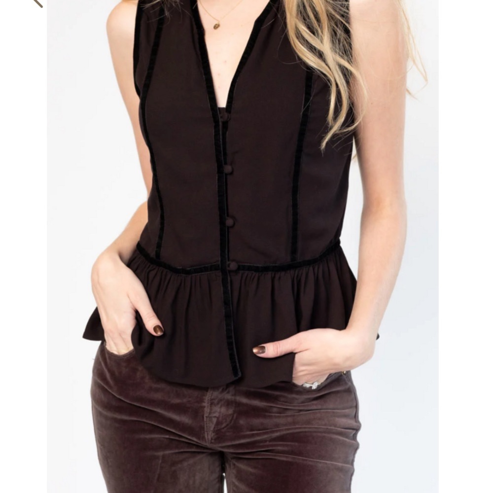 Rayon FRAME DENIM TRIM PEPLUM Sleeveless TOP Size XS  V-Neck🤍🖤